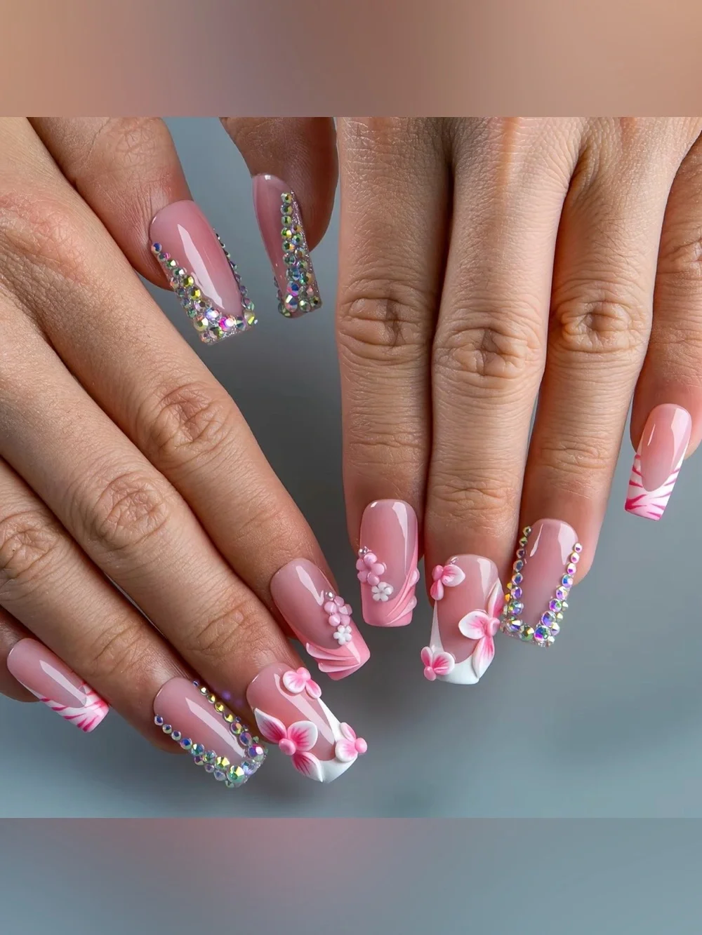 Pink Floral Press-On Nail Set with Rhinestones by Lovful